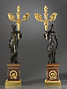 A very fine pair of Empire gilt and patinated bronze and rouge griotte marble figural six-light candelabra by Pierre-François Feuchère